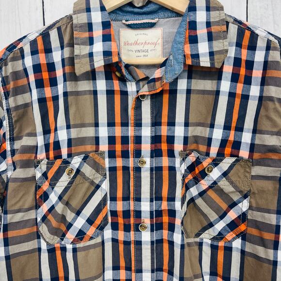 WEATHERPROOF LARGE Brown Blue Plaid Vintage Button Up Shirt Long Sleeve - Picture 3 of 7
